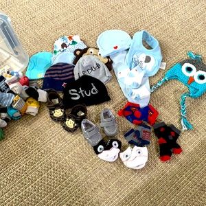 Lot of infant boy socks, hats, shoes